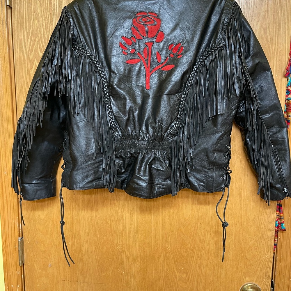 Vintage Leather Rose detail Fringe Bomber Moto Jacket Black Red Ladies Large - Picture 5 of 7